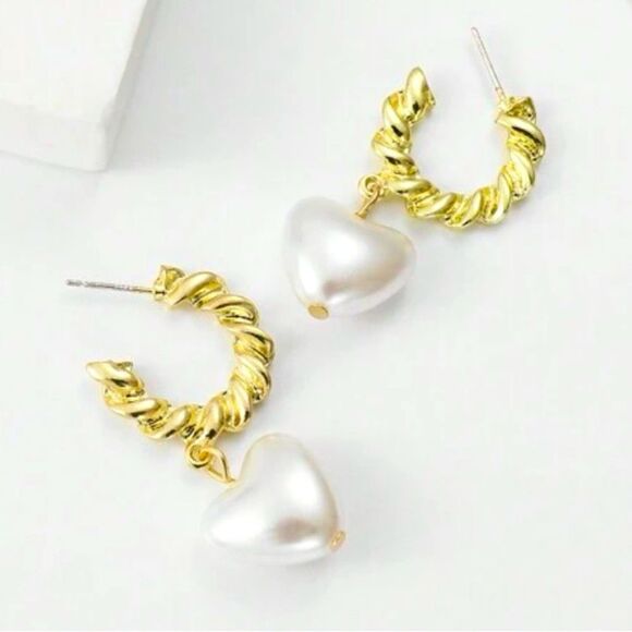 None Jewelry - Goldtone Huggie Braided Hoop Faux Heart Pearl Drop Earrings